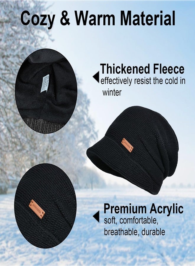 BEARAE Women Slouchy Knit Hat Winter Warm Fleece Lined Beanie Hat Stretchy Skull Cap with Visor Brim Black - Image 3